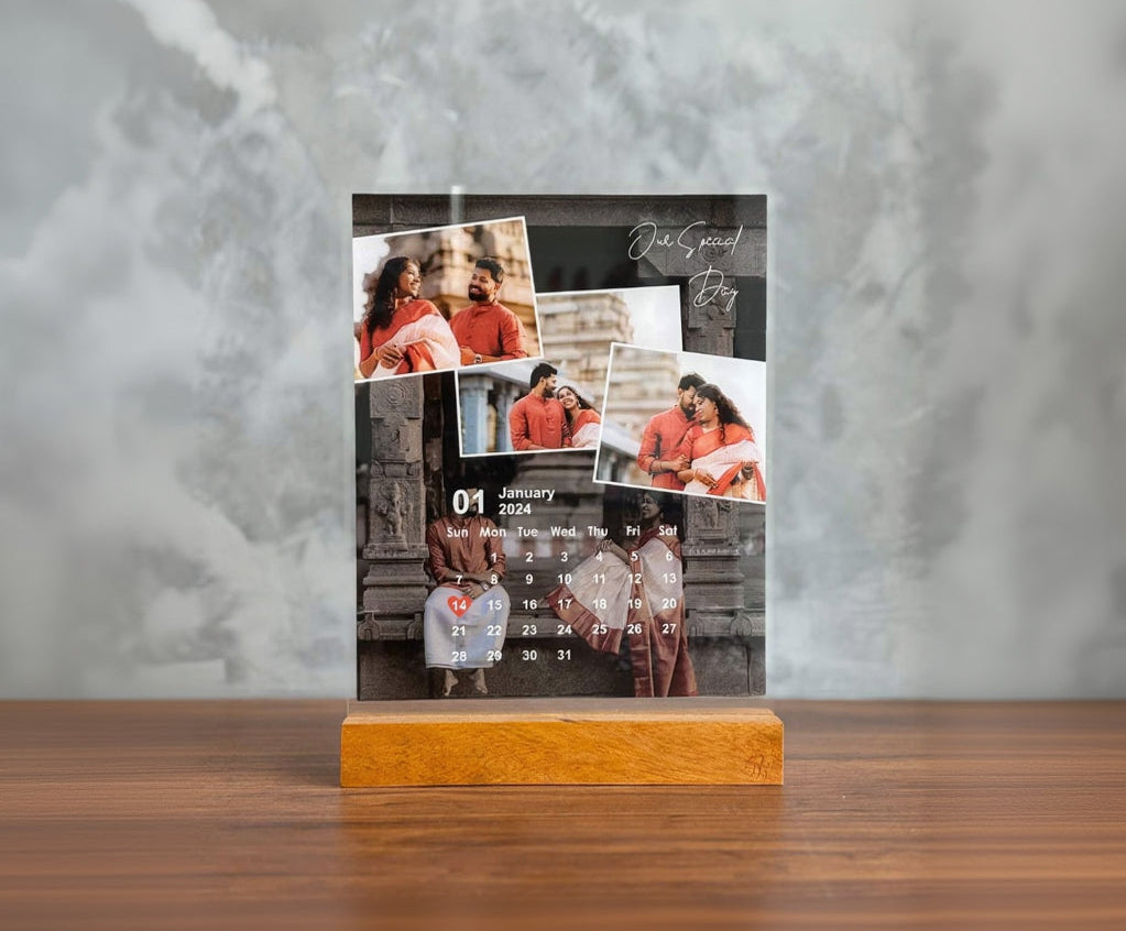Acrylic photo plaque with collage of images on a wooden stand
